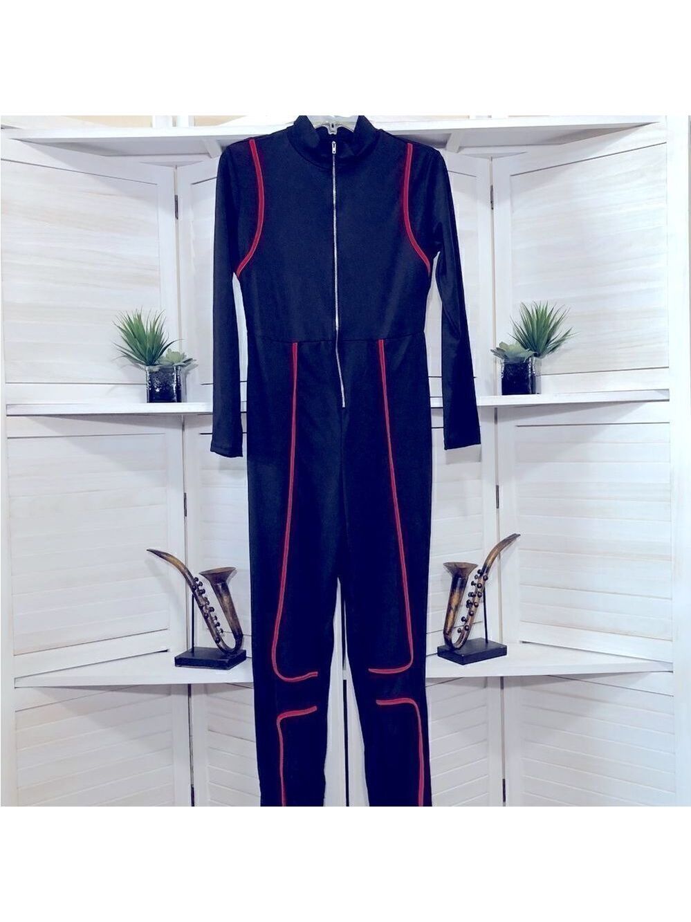 Y2K Vintage Catsuit Jumpsuit Black Red Piping S M - Picture 2 of 8